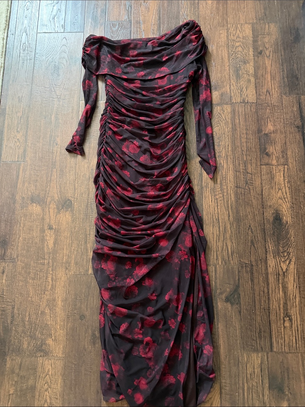 Abercrombie & Fitch Black Long-Sleeve Ruched Maxi Dress with Red Floral Print